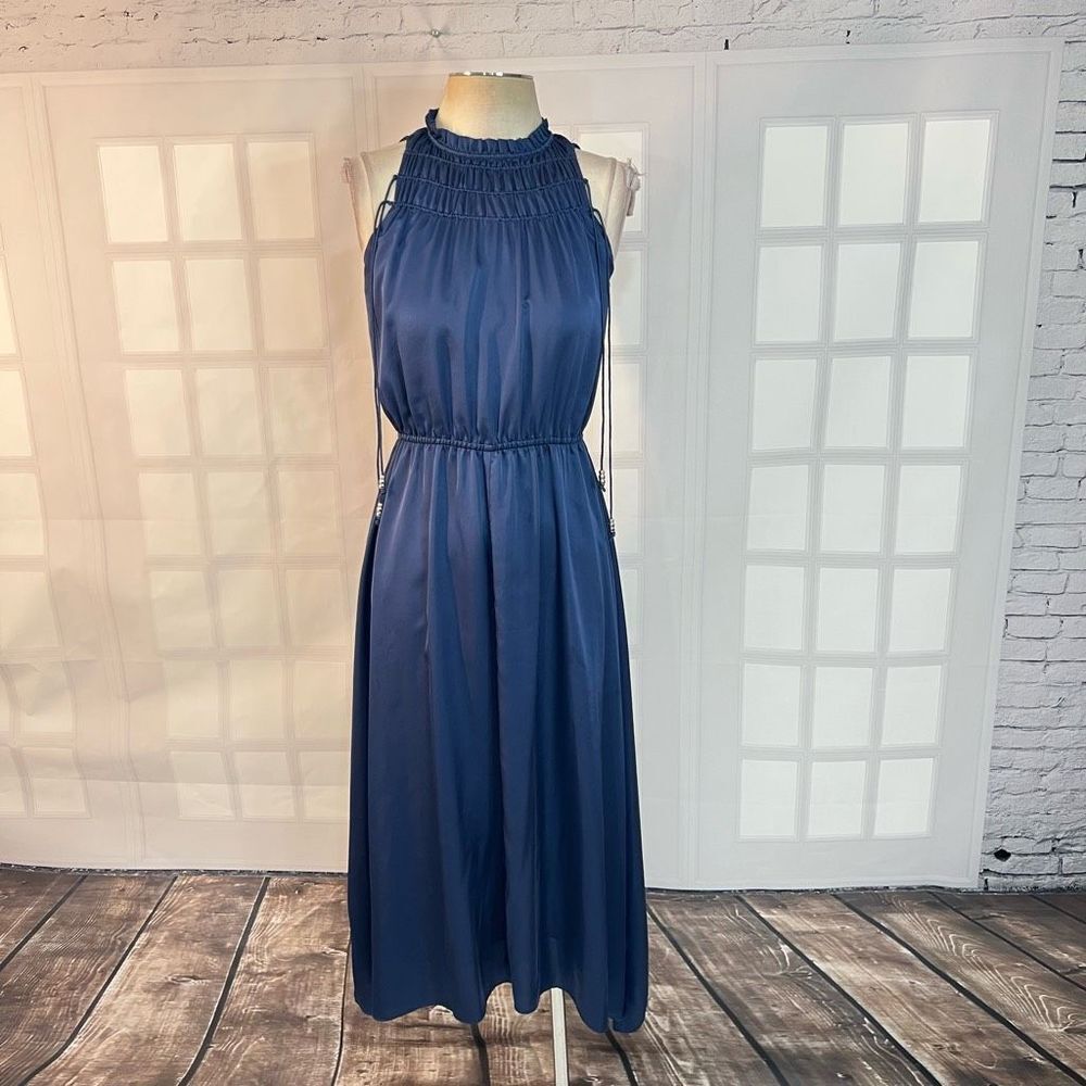 Derek Lam Sleeveless Cinched Pleated Neckline Tassel Blue Satin Midi Dress Sz 4